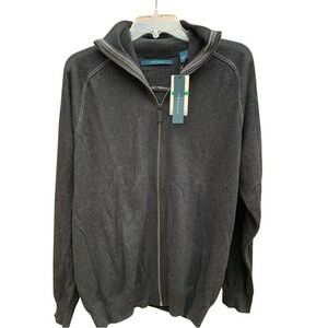 PERRY ELLIS.‎ NWT.Black Heather, Zip up Sweater.Size L.White pattern by s…
